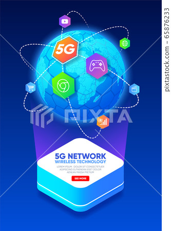 Planet earth with icons around. 5G network wireless technology. Telecommunications communication standard of the new generation. Fifth generation of mobile communication. High-speed mobile Internet. 65876233
