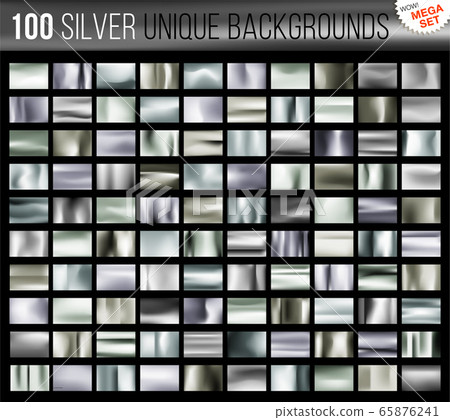 Mega set of 100 unique silver backgrounds. Silvery glossy fabric with shimmery metallic colors. Vector illustration 65876241