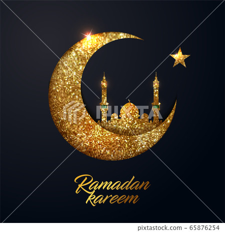 Ramadan Kareem vector background with crescent made from shiny small gold glitter squares, pixel style. Traditional Islamic holy holiday. Creative design greeting card, banner, poster. 65876254