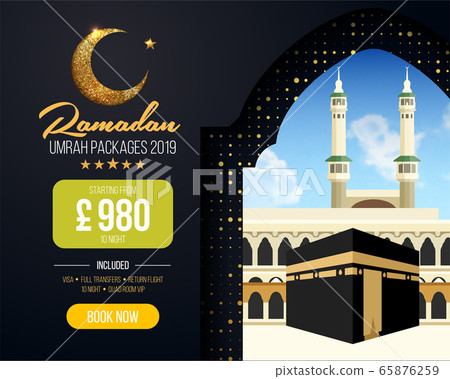 Banner or flyer design for Umrah Packages Ads, book cheap Ramadan umrah packages 2019. Umrah & Hajj Flyer Template. Vector 65876259