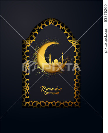 Ramadan Kareem vector background made from shiny gold ornament and effect of the cut paper. Traditional Islamic holy holiday. Creative design greeting card, banner, poster. 65876260