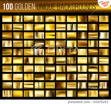 Mega set of 100 unique gold backgrounds. Golden glossy fabric with shimmery gold colors. Vector illustration 65876261