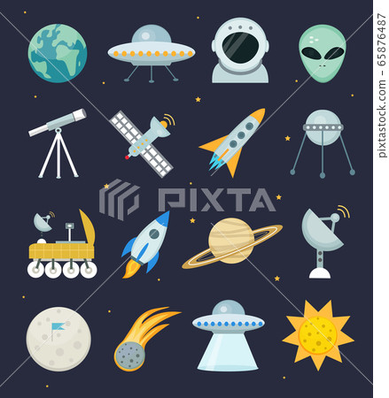 Space icon set flat style.Astronomical Cosmos collection with telescope, moon rover, saturn, rocket, astronaut, satellite, sun.Vector illustration 65876487