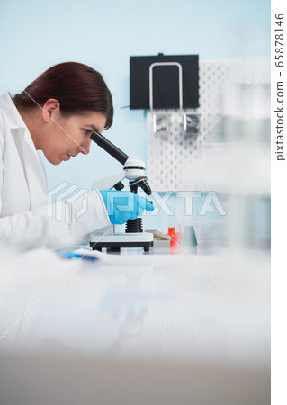 Woman lab technician looks at microscope in laboratory. 65878146