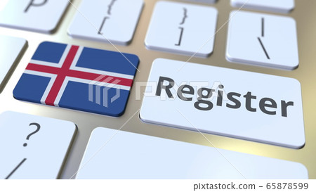 Register text and flag of Iceland on the keyboard. Online services related 3D rendering 65878599