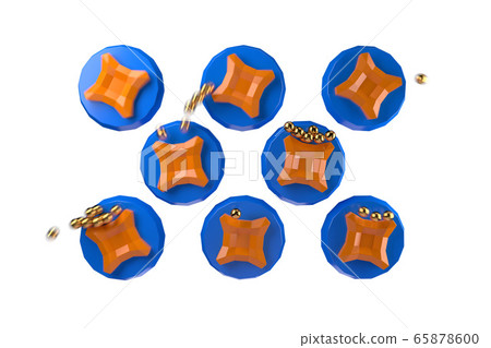 Blue and orange round gears in a slot machine with golden balls falling down for a casino or raffle or lotto. Isolated on white background 65878600