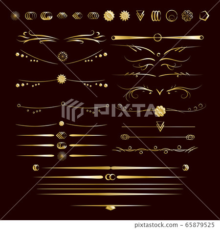 Set of gold dividers. Abstract curly headers, design element set. Golden design elements on the black background. Luxury style calligraphic. Vector illustration. 65879525