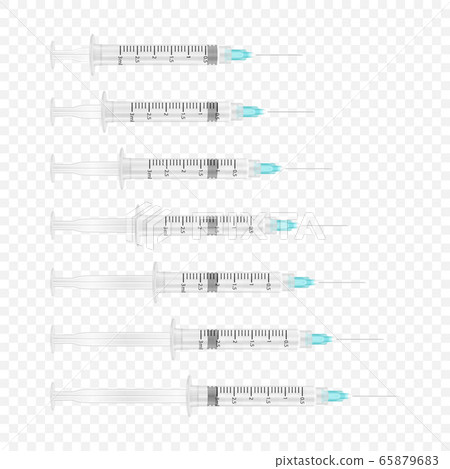 Vector 3d Realistic Blank Empty Syringe Icon Set Closeup Isolated on Transparent Backgound. Medical concept, Design Template, Mockup, Vaccine and Vaccination 65879683