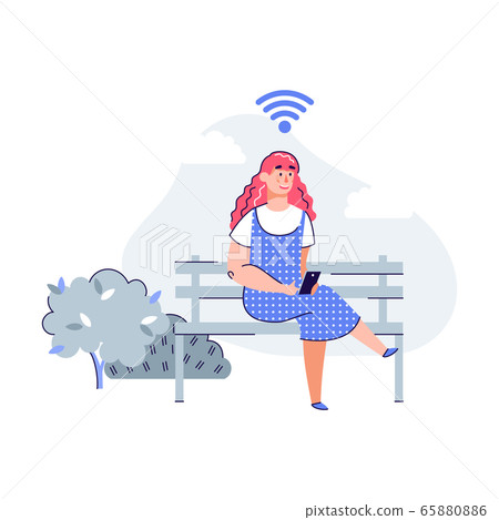 Woman in park using smart city communication net, vector illustration isolated. 65880886