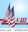 Realistic 3D US flags and red ribbon. Fourth of July square vector social network or banner template 65882308