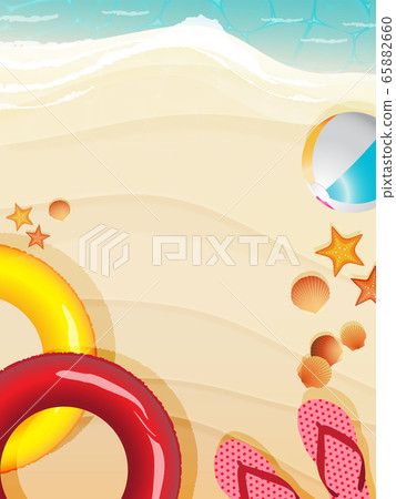 summer beach scene background with inflatable swimming ring, beachball, starfishes, seashell and sandals 65882660