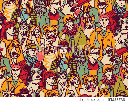 Big group people and pets color seamless pattern - Stock Illustration ...