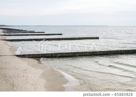 Breakwater on seashore from wooden logs. Seagulls are sitting on it in the middle of sea. Cloudy rainy weather. Breakwater on seashore from wooden logs. Seagulls are sitting on it in the middle of sea. Cloudy rainy weather. 65883928