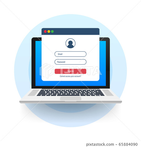 Sign in to account, user authorization, login authentication page concept. Laptop with login and password form page on screen. Vector stock illustration. 65884090