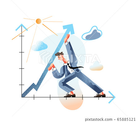 Increase profitability flat vector illustration. Income enhancing, revenue augmenting metaphor. Businessman raising arrow up cartoon character. Finance, business strategy, company growth concept. Increase profitability flat vector illustration. Income enhancing, revenue augmenting metaphor. Businessman raising arrow up cartoon character. Finance, business strategy, company growth concept. 65885121