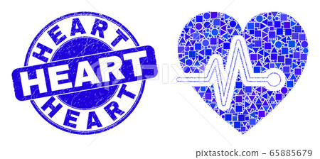 Blue Scratched Heart Stamp Seal and Heart Pulse Mosaic Blue Scratched Heart Stamp Seal and Heart Pulse Mosaic 65885679
