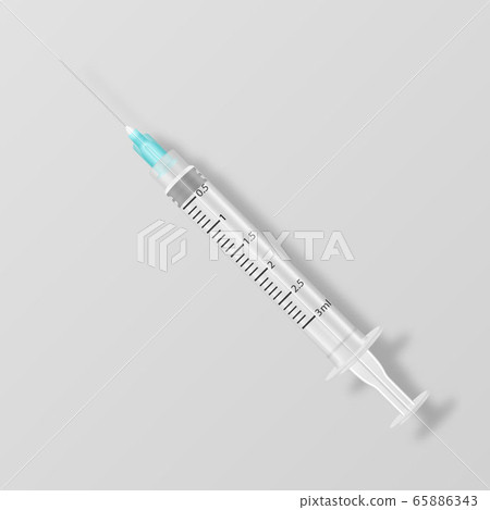 Vector 3d Realistic Blank Empty Syringe Icon Closeup Isolated on White Backgound. Medical concept, Design Template, Mockup, Vaccine and Vaccination. Top View 65886343