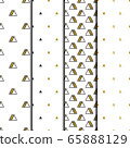 Gold triangles patterns set on white background. Abstract seamless repeating patterns. Minimal design with golden glittering geometric shapes. Vector illustration. 65888129