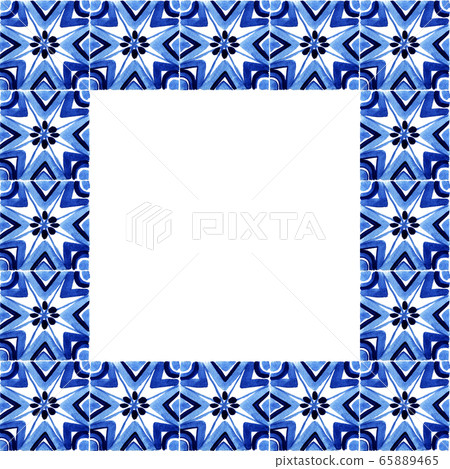 Azulejos tile frame. Traditional Portuguese Mosaic tile decoration. Watercolor blue and yellow artwork. 65889465