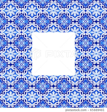 Azulejos tile frame. Traditional Portuguese Mosaic tile decoration. Watercolor blue and yellow artwork. 65889481