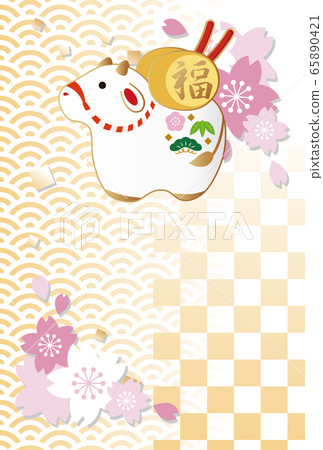 2021 ox year New Year's card Torus Sakura illustration gold copy space vertical 65890421