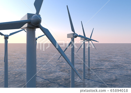 離岸風力渦輪機。自然能源。 3D插圖 65894018