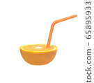 Half of the fresh yellow oranges have a suction tube in place isolated on white background . Ready-to-drink fruit Increase the instant freshness of the body or the freshness of real fruit ,concept 65895933