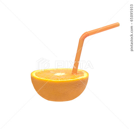 Half of the fresh yellow oranges have a suction tube in place isolated on white background . Ready-to-drink fruit Increase the instant freshness of the body or the freshness of real fruit ,concept 65895933