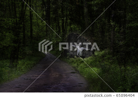 figure in a gas mask and a shirt chained to a stone by the road in a dark forest. figure in a gas mask and a shirt chained to a stone by the road in a dark forest. 65896404
