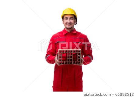 Young male mason with brick isolated on white Young male mason with brick isolated on white 65898518