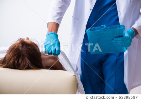 Police coroner examining dead body corpse in morgue 65898587