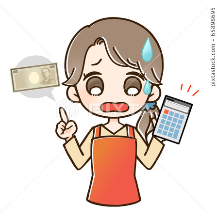 Pointing housewife calculator and money 65898695