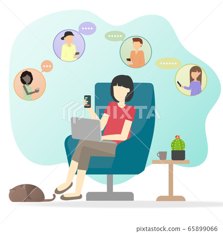 The Woman sit alone using laptop and mobile phone. The Woman sit alone using laptop and mobile phone. 65899066