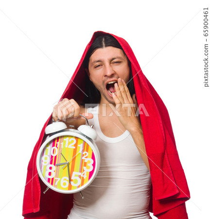 Funny man waking up in the morning on white Funny man waking up in the morning on white 65900461