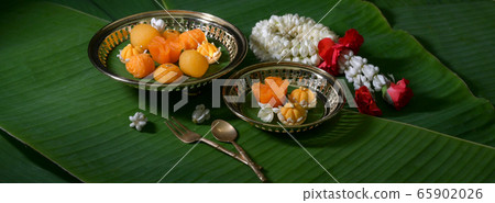 Several Thai traditional dessert serving on brass Several Thai traditional dessert serving on brass 65902026