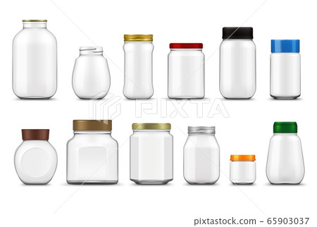 Glass jars, lids realistic mockup, food packages Glass jars, lids realistic mockup, food packages 65903037