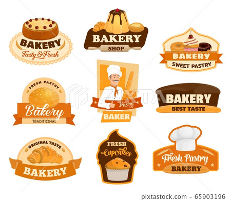 Baker with bread and pastry isolated icons Baker with bread and pastry isolated icons 65903196