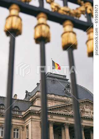 The Royal Palace in Brussels, Belgium. View through the metal fence with golden details. National flag of the Kingdom of Belgium waving on top. 65903673