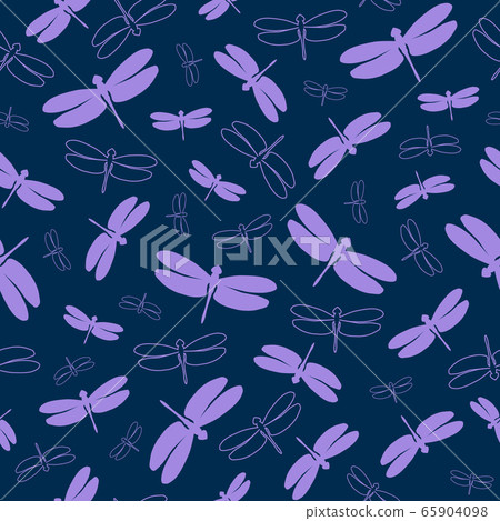 Seamless pattern with colorful dragonflies. Violett silhouettes and outlines insects on a dark blue background. Vector illustration. Great for designs backdrops, cards, textiles, packings, fabric. 65904098