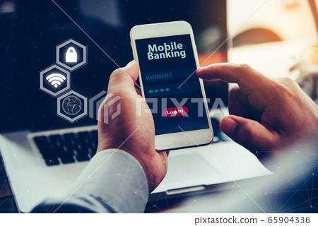 hands using mobile banking on smart phone hands using mobile banking on smart phone 65904336