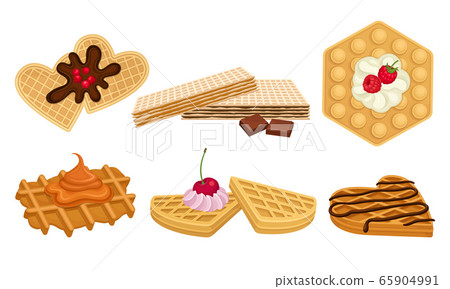 Waffles with Textured Surface and Sweet Topping with Berries and Whipped Cream Vector Set 65904991