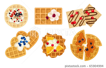 Waffles with Textured Surface and Sweet Topping with Berries and Whipped Cream Vector Set Waffles with Textured Surface and Sweet Topping with Berries and Whipped Cream Vector Set 65904994