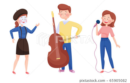 Young Street Performers with Boy Playing Cello and Girl Miming Vector Set Young Street Performers with Boy Playing Cello and Girl Miming Vector Set 65905082