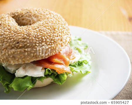 Bagel sandwich salmon cream cheese Bagel sandwich salmon cream cheese 65905427