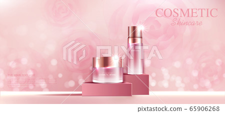 Hydrating facial rose cream for annual sale or festival sale. red silver cream mask bottle isolated on glitter particles background for product presentation. Graceful cosmetic ads, Vector illustration 65906268