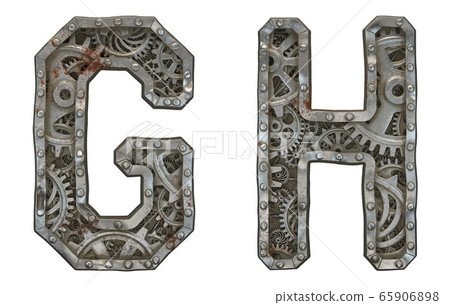 Set of mechanical alphabet made from rivet metal with gears on white background. Letters G and H. 3D Set of mechanical alphabet made from rivet metal with gears on white background. Letters G and H. 3D 65906898