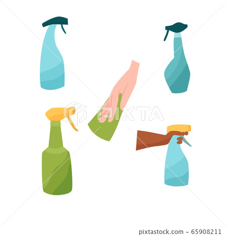 Spray bottles sanitiser set with hand and cloth vector illustration Spray bottles sanitiser set with hand and cloth vector illustration 65908211