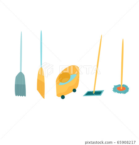 Brooms, mops and janitor bucket vector illustration set 65908217