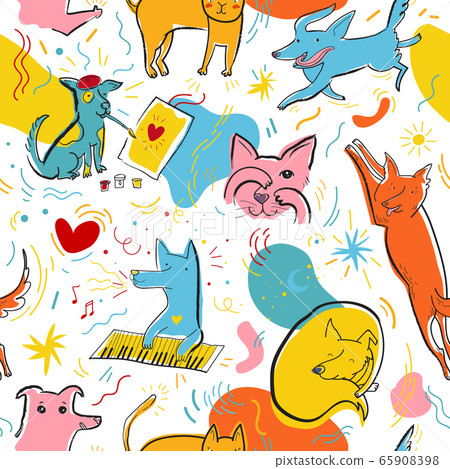 Seamless vector pattern with cute color cats and dogs in different poses and emotions 65908398