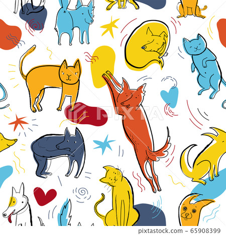 Seamless vector pattern with cute color cats and dogs in different poses and emotions 65908399
